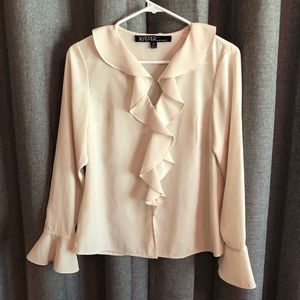 Satin-like off white shirt with ruffles